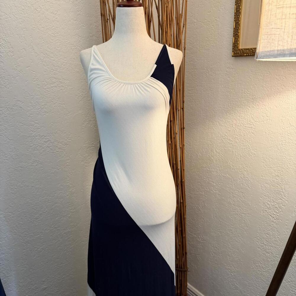 Navy and white asymmetrical backless maxi dress with adjustable straps